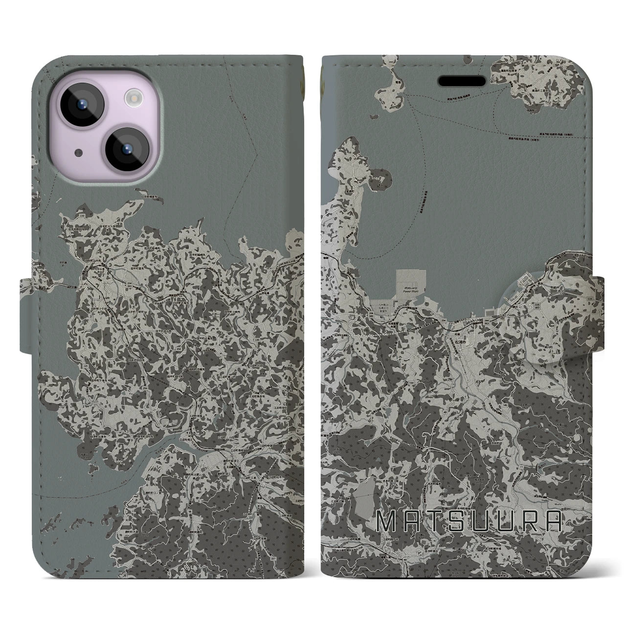 【松浦(長崎県)】地図柄iPhoneケース(手帳タイプ)モノトーン・iPhone 14 用