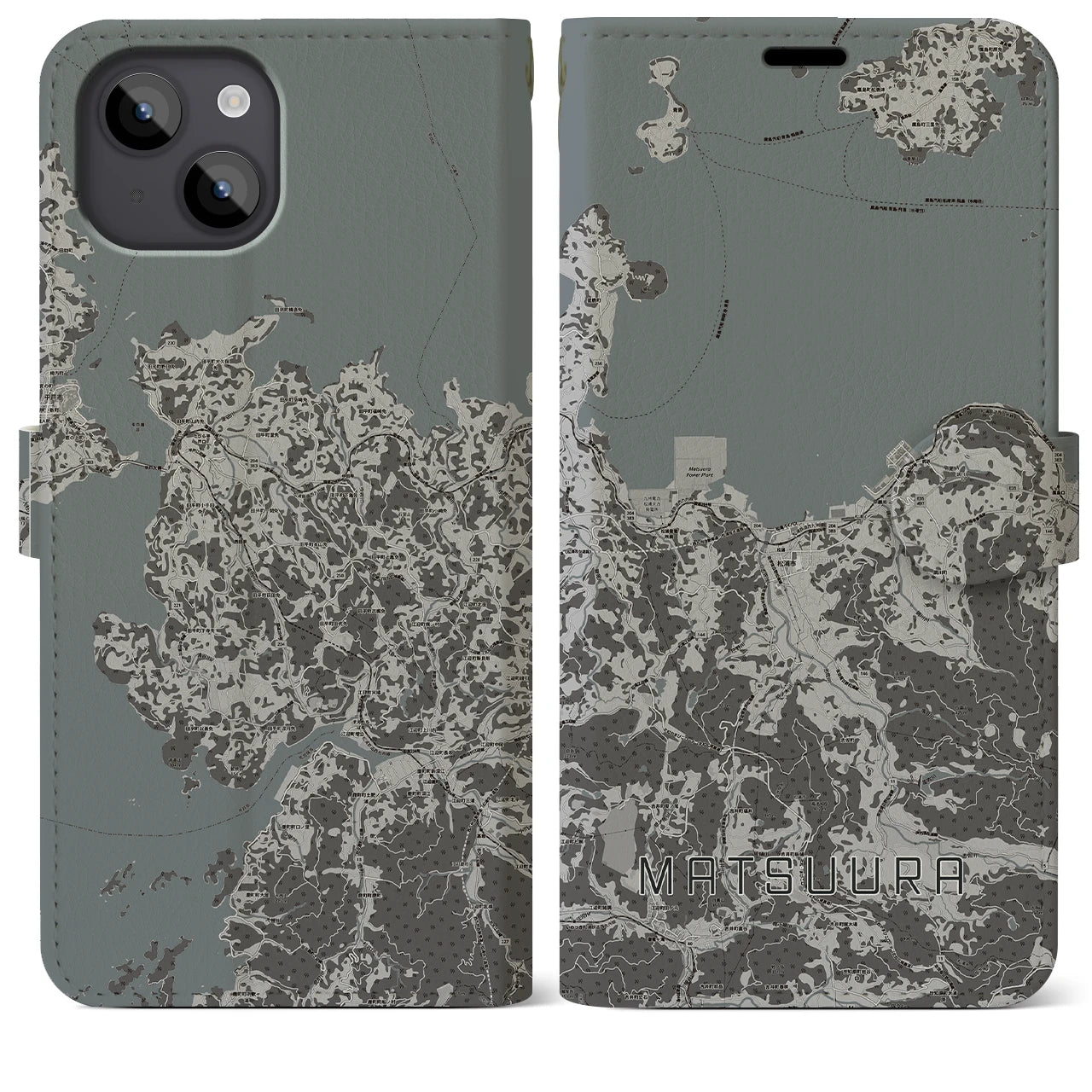 【松浦(長崎県)】地図柄iPhoneケース(手帳タイプ)モノトーン・iPhone 14 Plus 用
