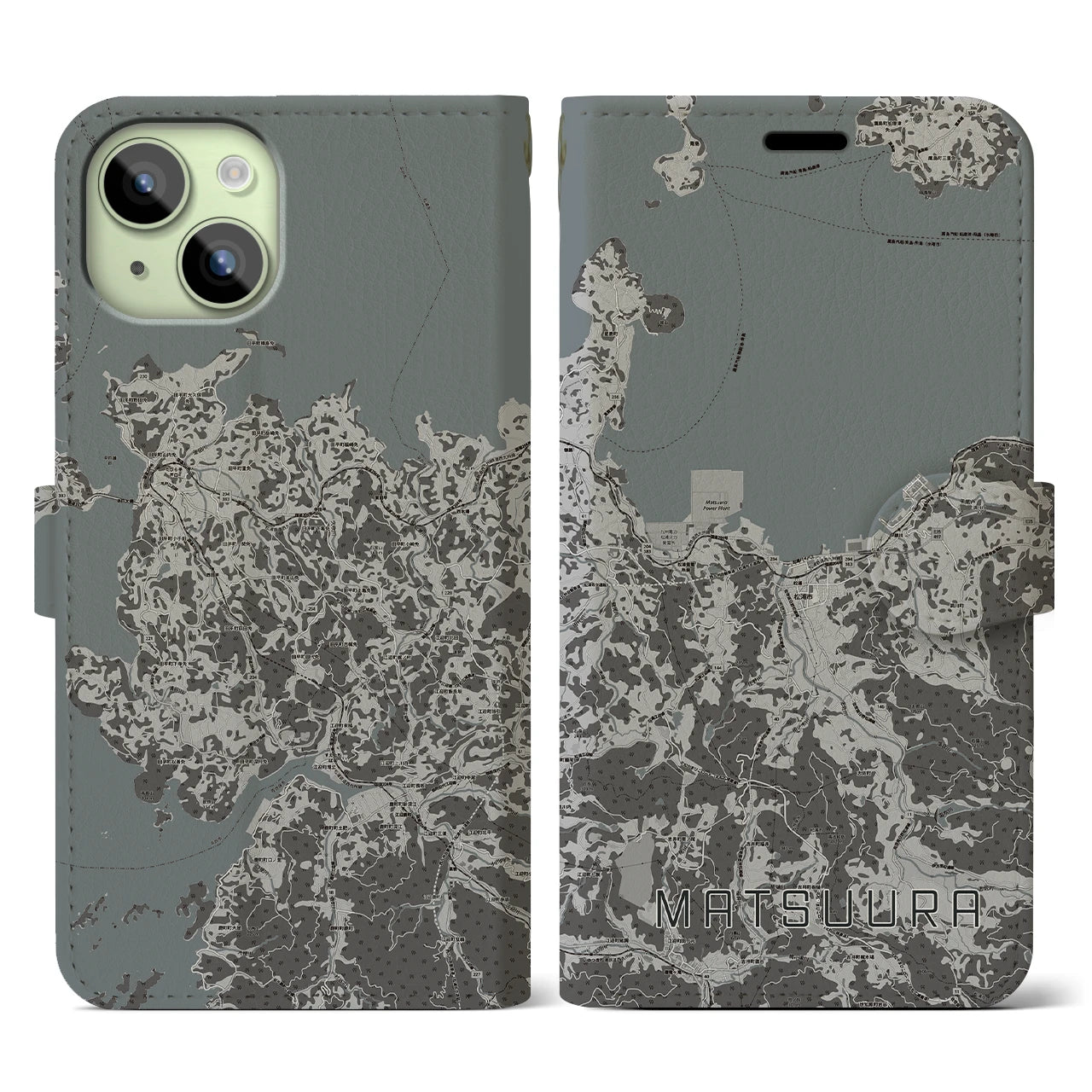【松浦(長崎県)】地図柄iPhoneケース(手帳タイプ)モノトーン・iPhone 15 用