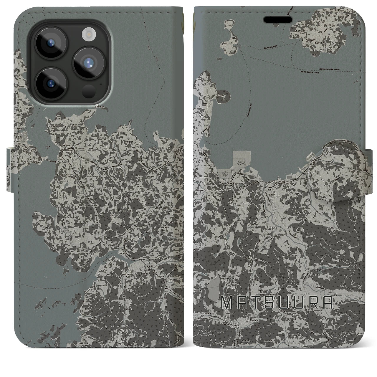 【松浦(長崎県)】地図柄iPhoneケース(手帳タイプ)モノトーン・iPhone 15 Pro Max 用