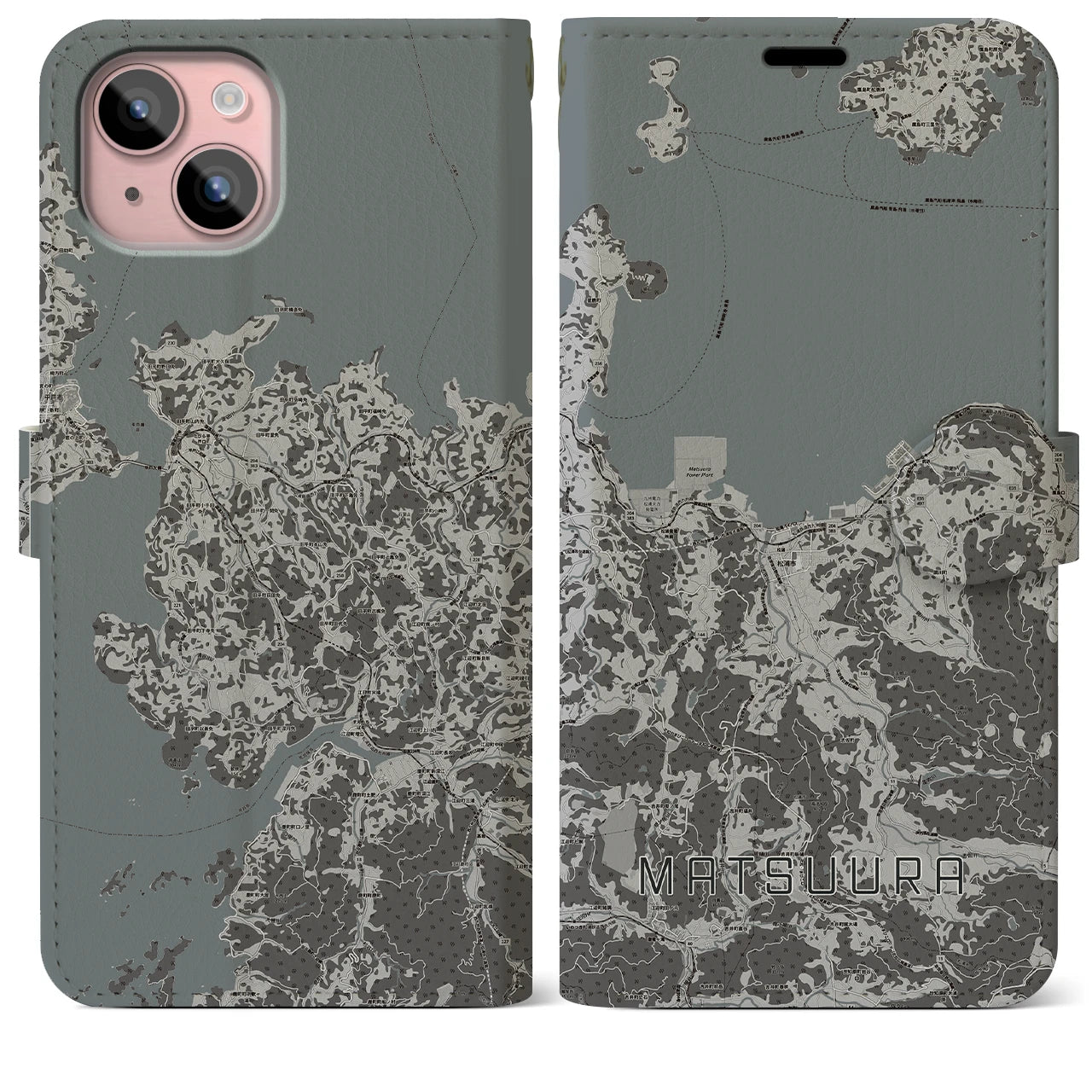 【松浦(長崎県)】地図柄iPhoneケース(手帳タイプ)モノトーン・iPhone 15 Plus 用