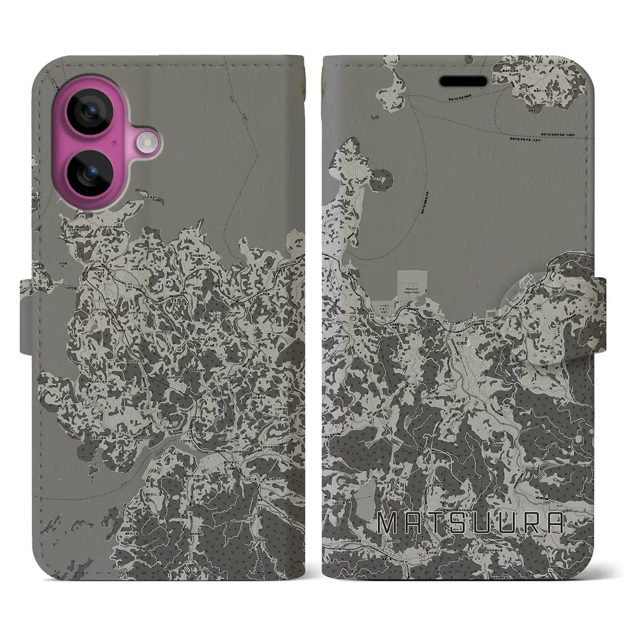【松浦(長崎県)】地図柄iPhoneケース(手帳タイプ)モノトーン・iPhone 16 Pro 用