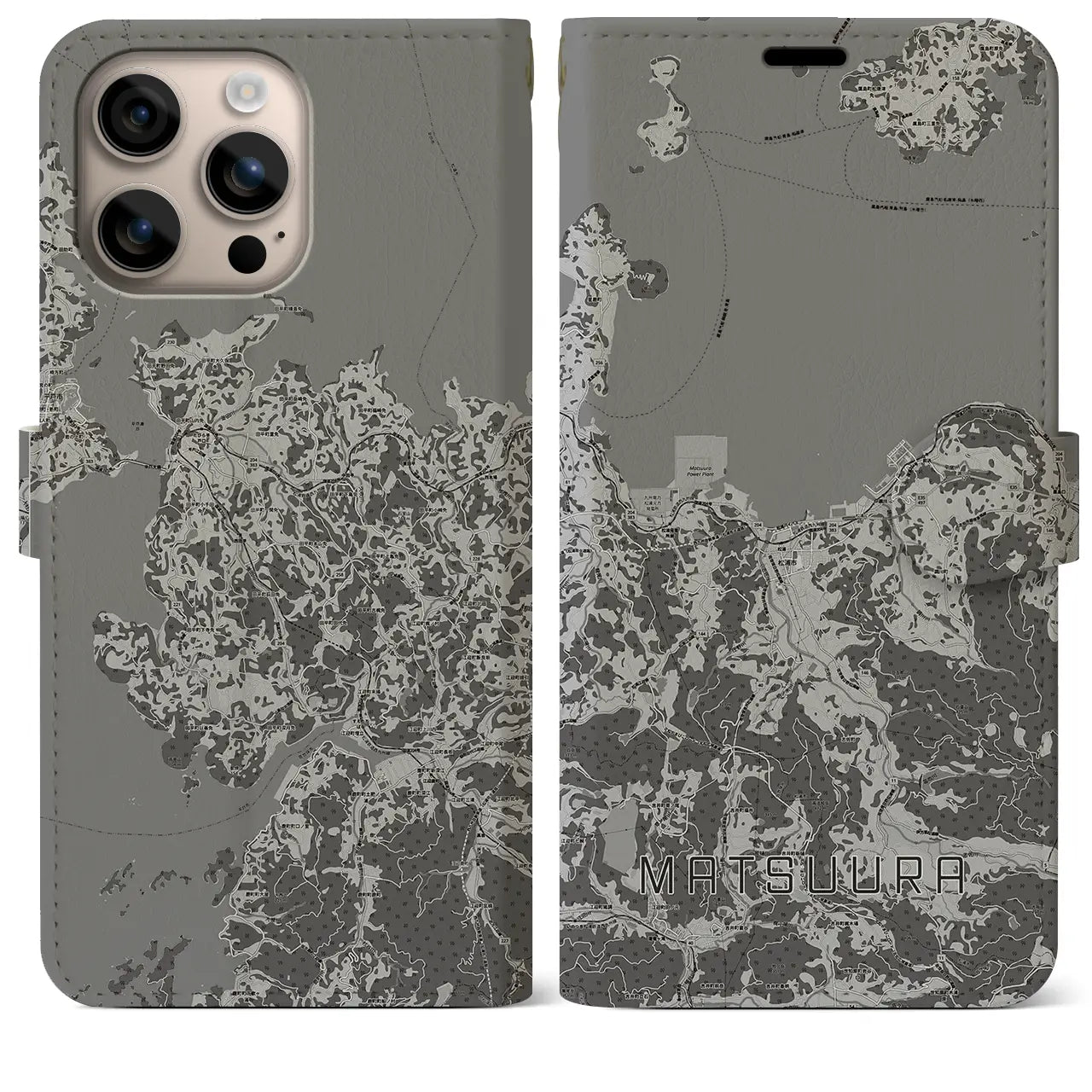 【松浦(長崎県)】地図柄iPhoneケース(手帳タイプ)モノトーン・iPhone 16 Plus 用