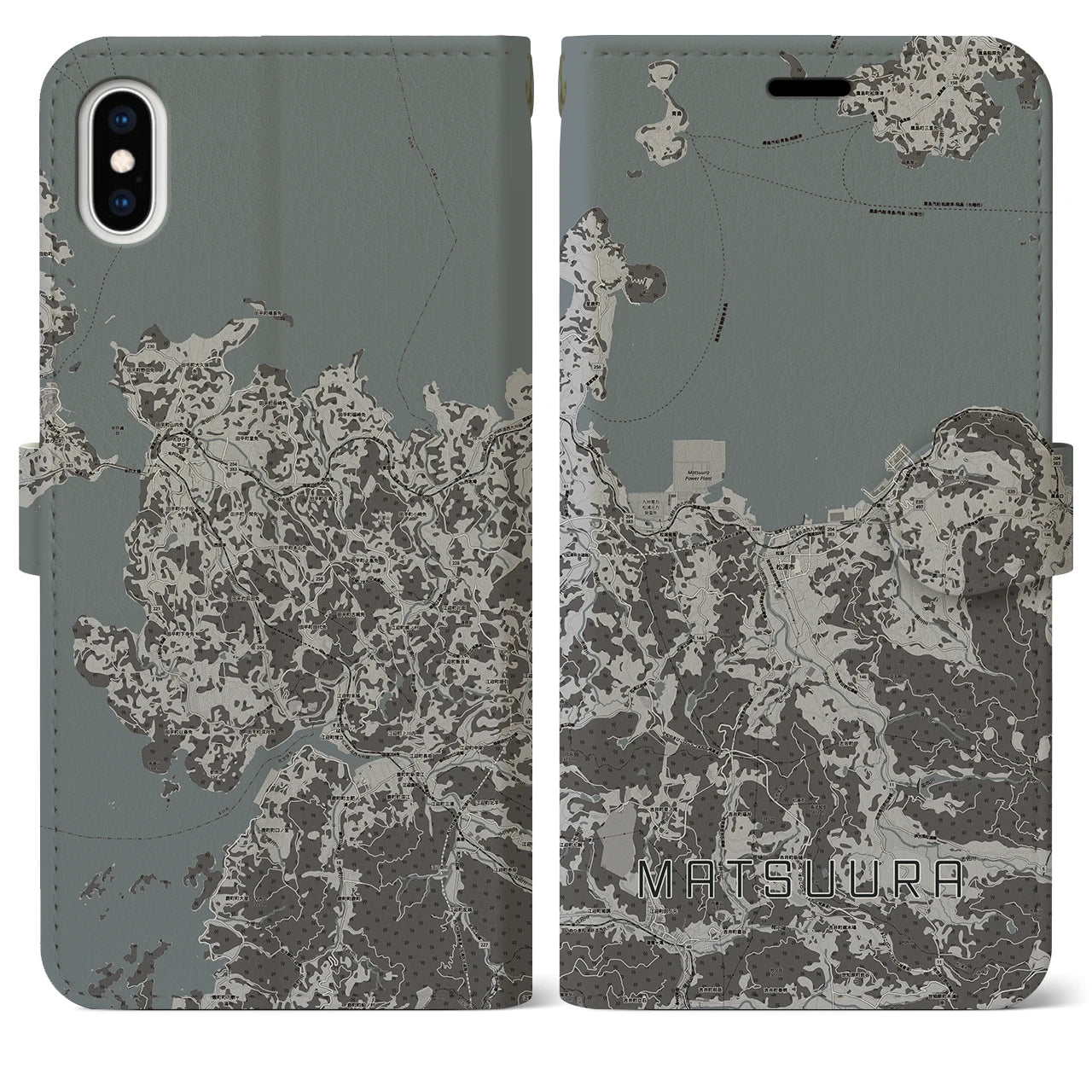 【松浦(長崎県)】地図柄iPhoneケース(手帳タイプ)モノトーン・iPhone XS Max 用