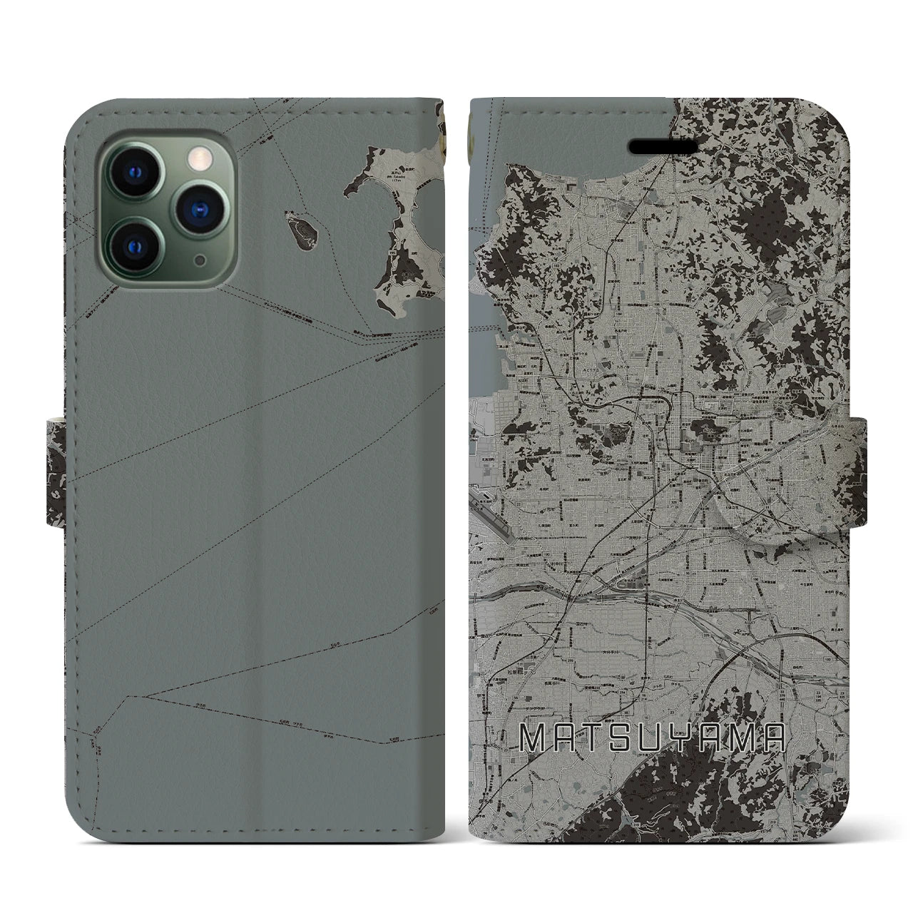 【松山(愛媛県)】地図柄iPhoneケース(手帳タイプ)モノトーン・iPhone 11 Pro 用