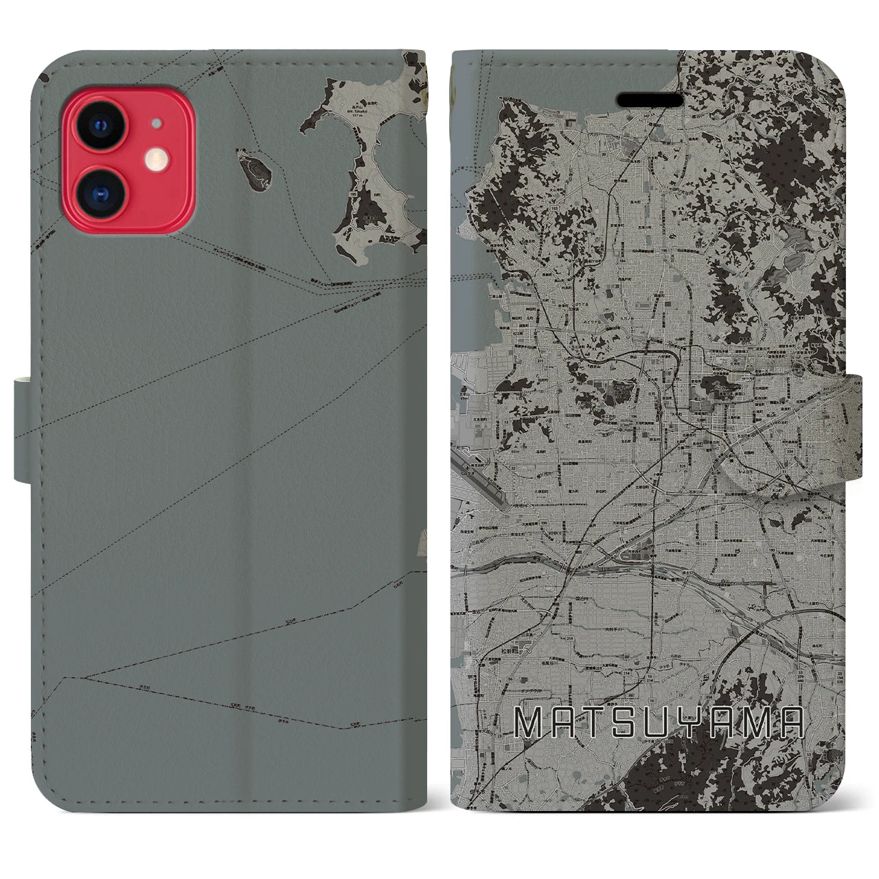 【松山(愛媛県)】地図柄iPhoneケース(手帳タイプ)モノトーン・iPhone 11 用