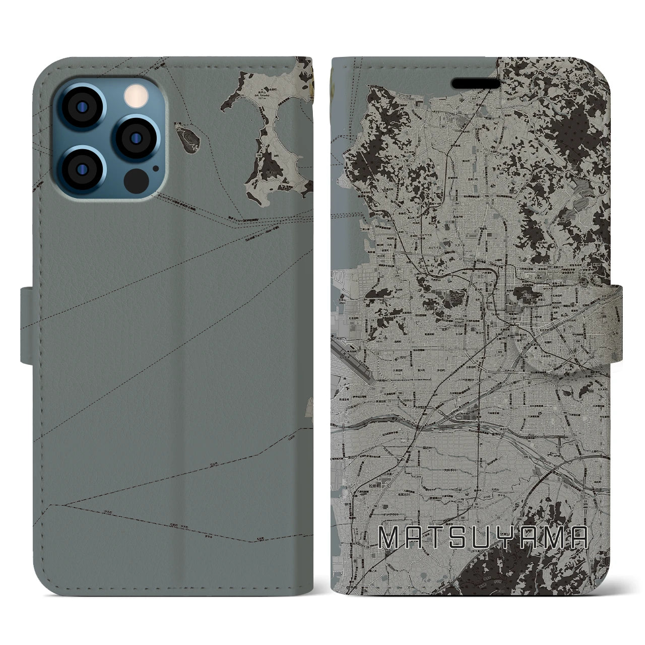 【松山(愛媛県)】地図柄iPhoneケース(手帳タイプ)モノトーン・iPhone 12 / 12 Pro 用