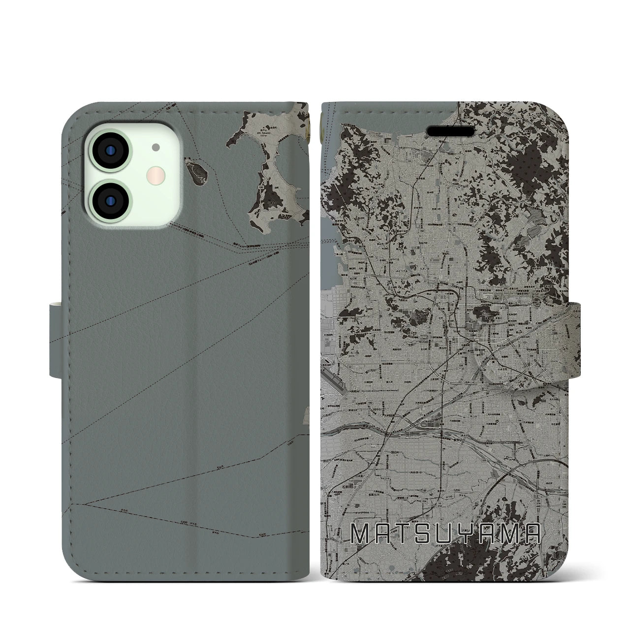 【松山(愛媛県)】地図柄iPhoneケース(手帳タイプ)モノトーン・iPhone 12 mini 用