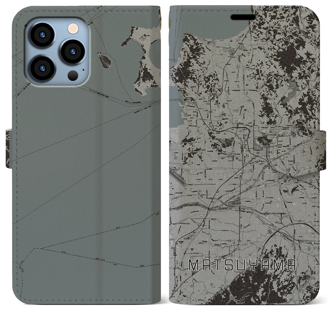 【松山(愛媛県)】地図柄iPhoneケース(手帳タイプ)モノトーン・iPhone 13 Pro Max 用