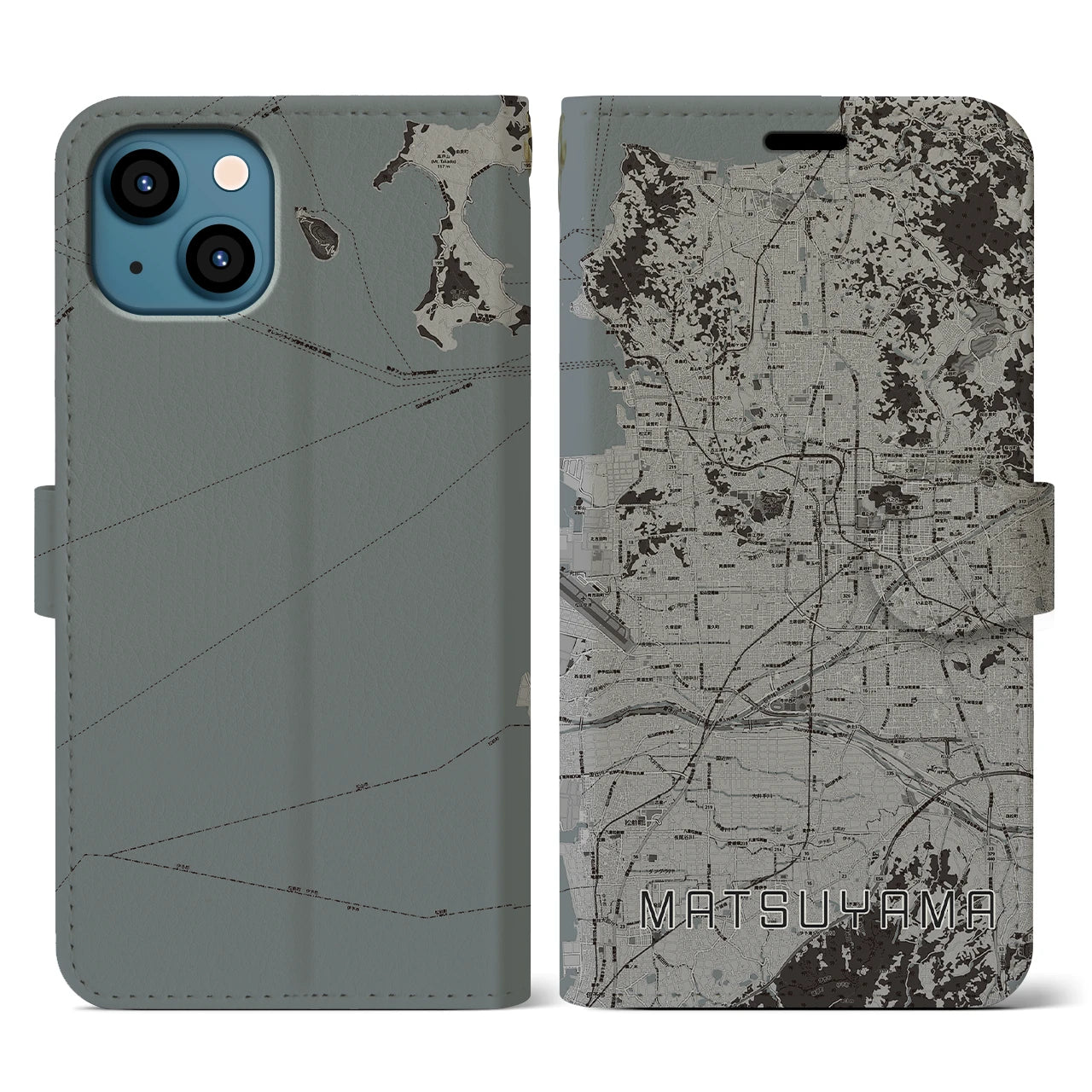 【松山(愛媛県)】地図柄iPhoneケース(手帳タイプ)モノトーン・iPhone 13 用