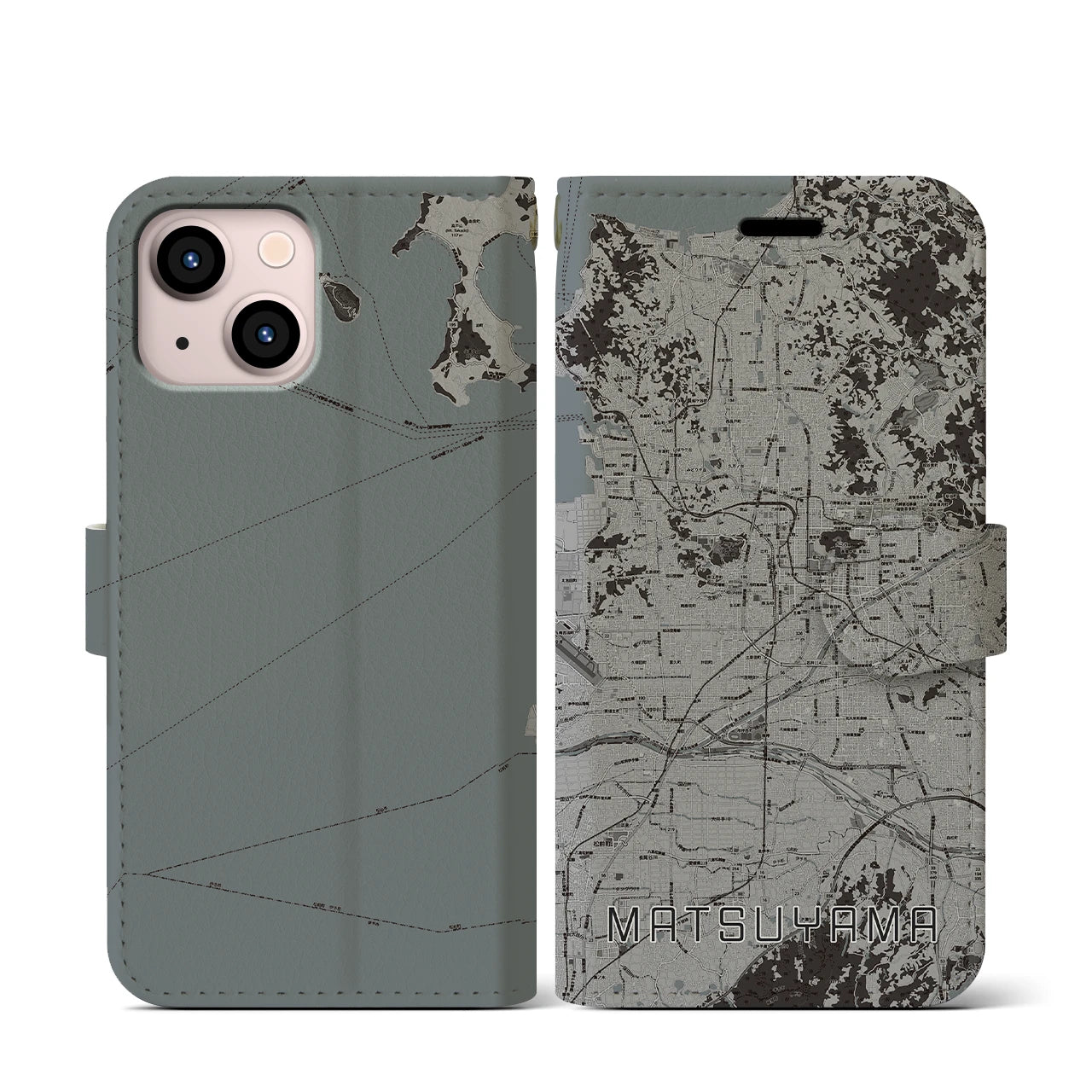 【松山(愛媛県)】地図柄iPhoneケース(手帳タイプ)モノトーン・iPhone 13 mini 用