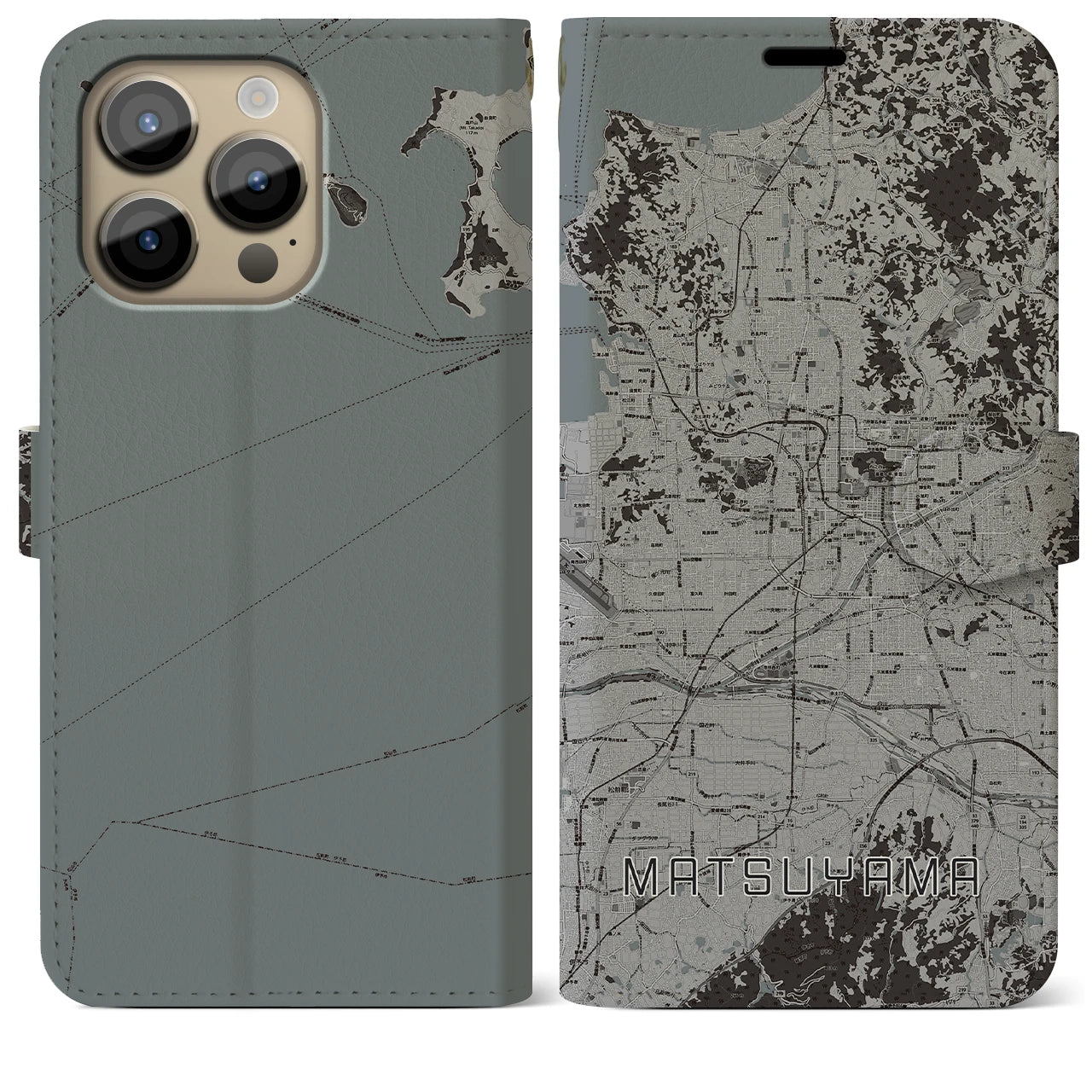 【松山(愛媛県)】地図柄iPhoneケース(手帳タイプ)モノトーン・iPhone 14 Pro Max 用