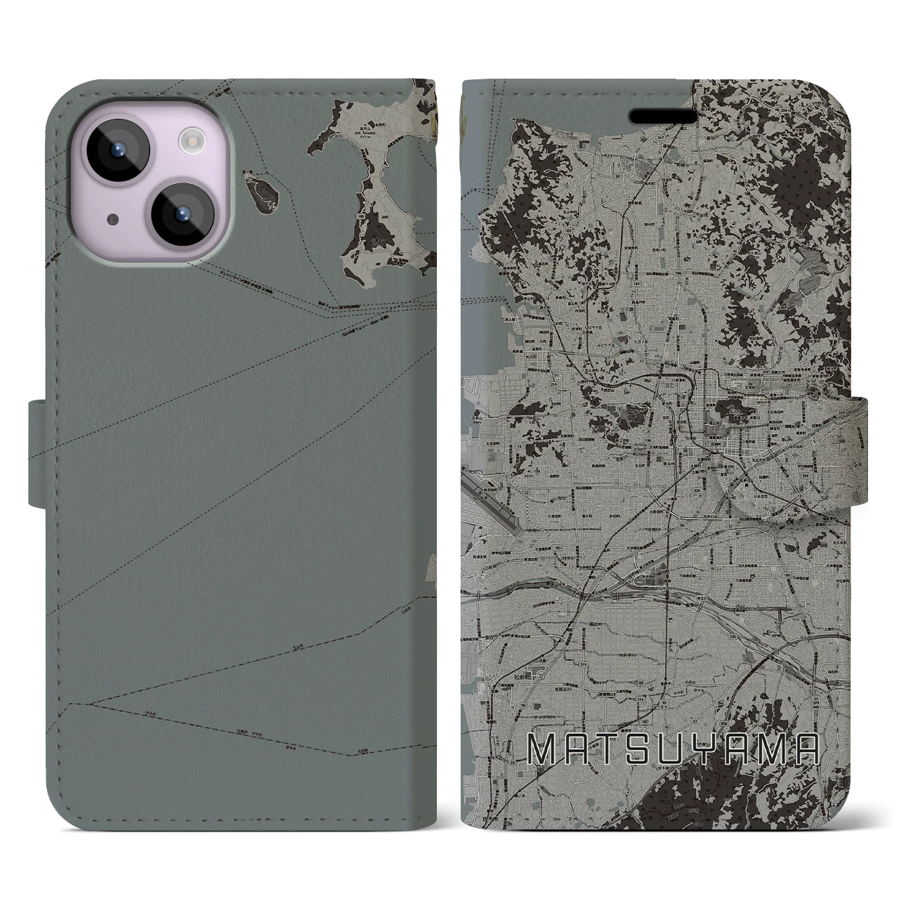 【松山(愛媛県)】地図柄iPhoneケース(手帳タイプ)モノトーン・iPhone 14 用