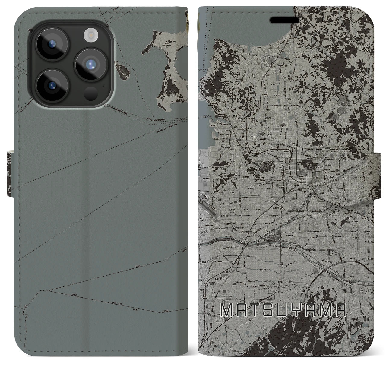 【松山(愛媛県)】地図柄iPhoneケース(手帳タイプ)モノトーン・iPhone 15 Pro Max 用