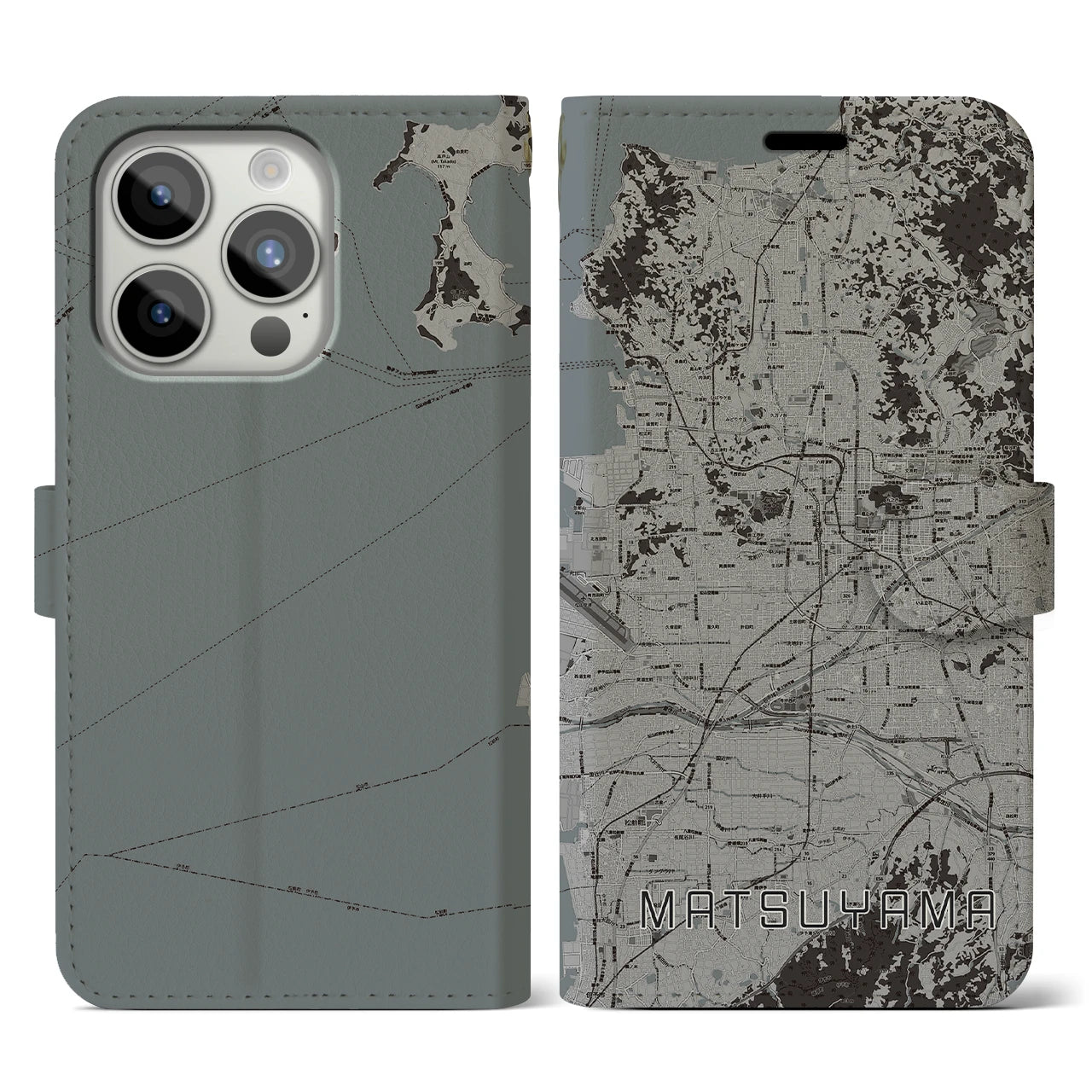 【松山(愛媛県)】地図柄iPhoneケース(手帳タイプ)モノトーン・iPhone 15 Pro 用