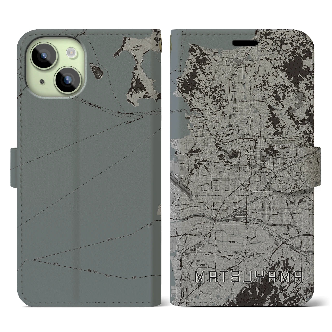【松山(愛媛県)】地図柄iPhoneケース(手帳タイプ)モノトーン・iPhone 15 用