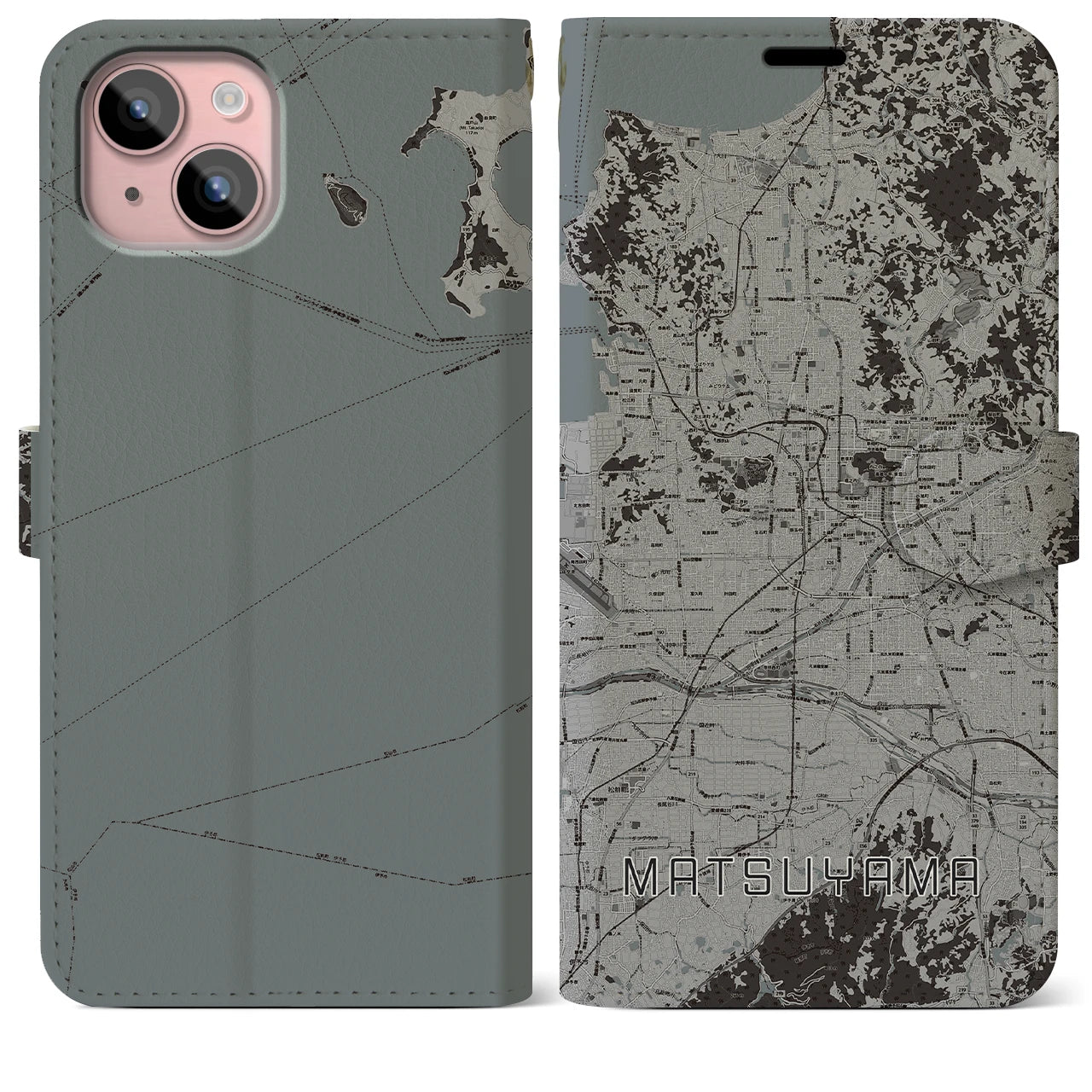 【松山(愛媛県)】地図柄iPhoneケース(手帳タイプ)モノトーン・iPhone 15 Plus 用