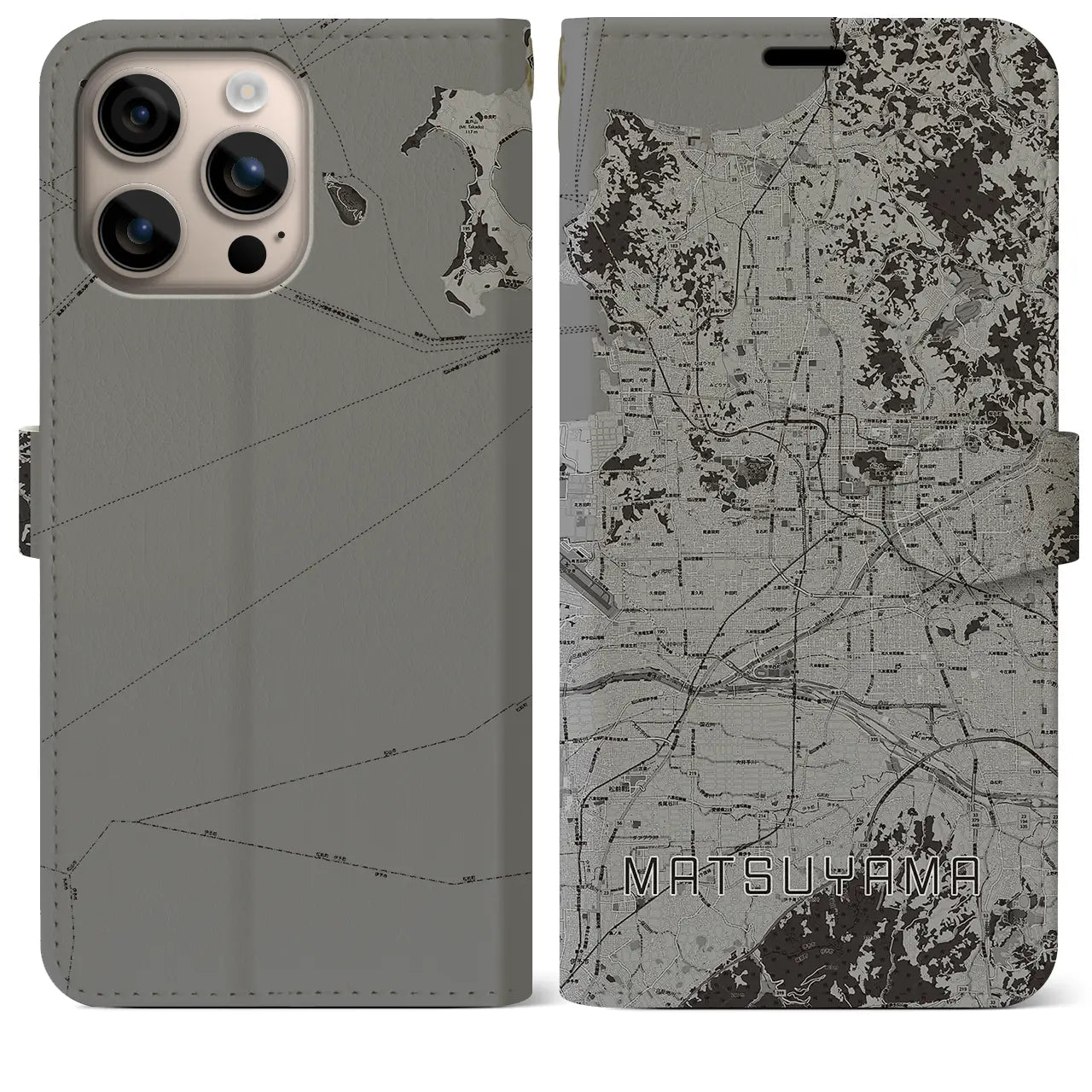 【松山(愛媛県)】地図柄iPhoneケース(手帳タイプ)モノトーン・iPhone 16 Plus 用