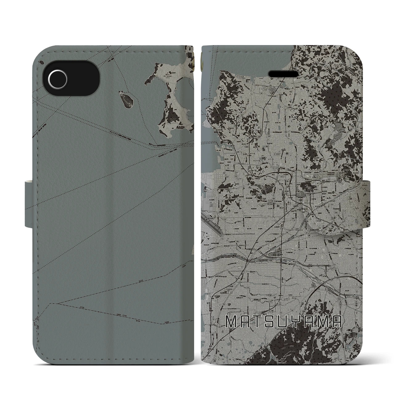 【松山(愛媛県)】地図柄iPhoneケース(手帳タイプ)モノトーン・iPhone SE(第3 / 第2世代) / 8 / 7 / 6s / 6 用
