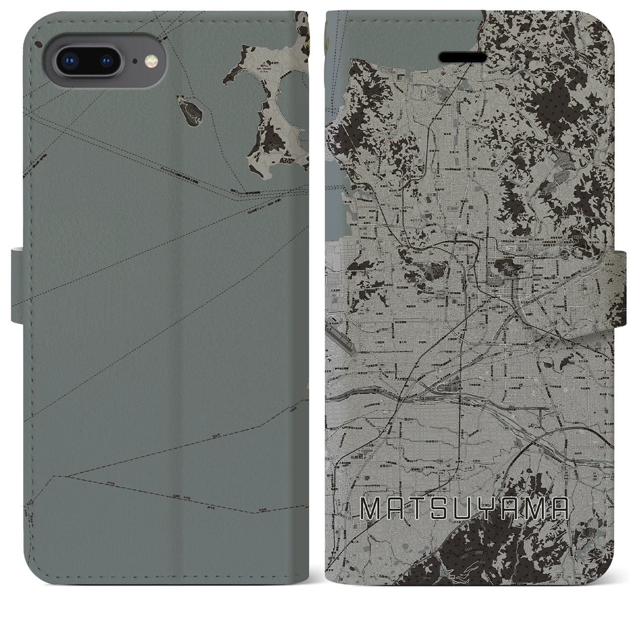 【松山(愛媛県)】地図柄iPhoneケース(手帳タイプ)モノトーン・iPhone 8Plus /7Plus / 6sPlus / 6Plus 用