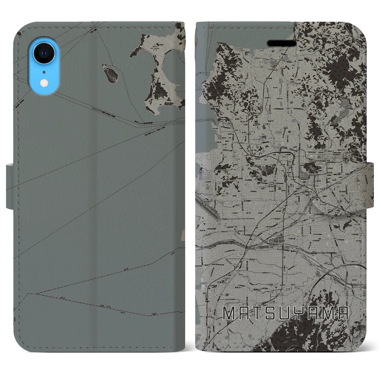 【松山(愛媛県)】地図柄iPhoneケース(手帳タイプ)モノトーン・iPhone XR 用