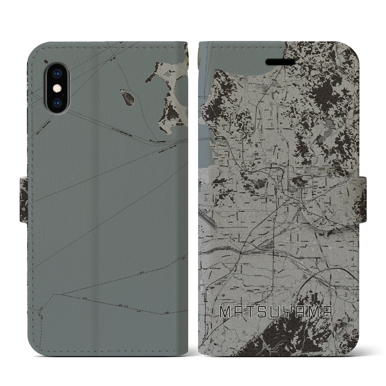 【松山(愛媛県)】地図柄iPhoneケース(手帳タイプ)モノトーン・iPhone XS / X 用