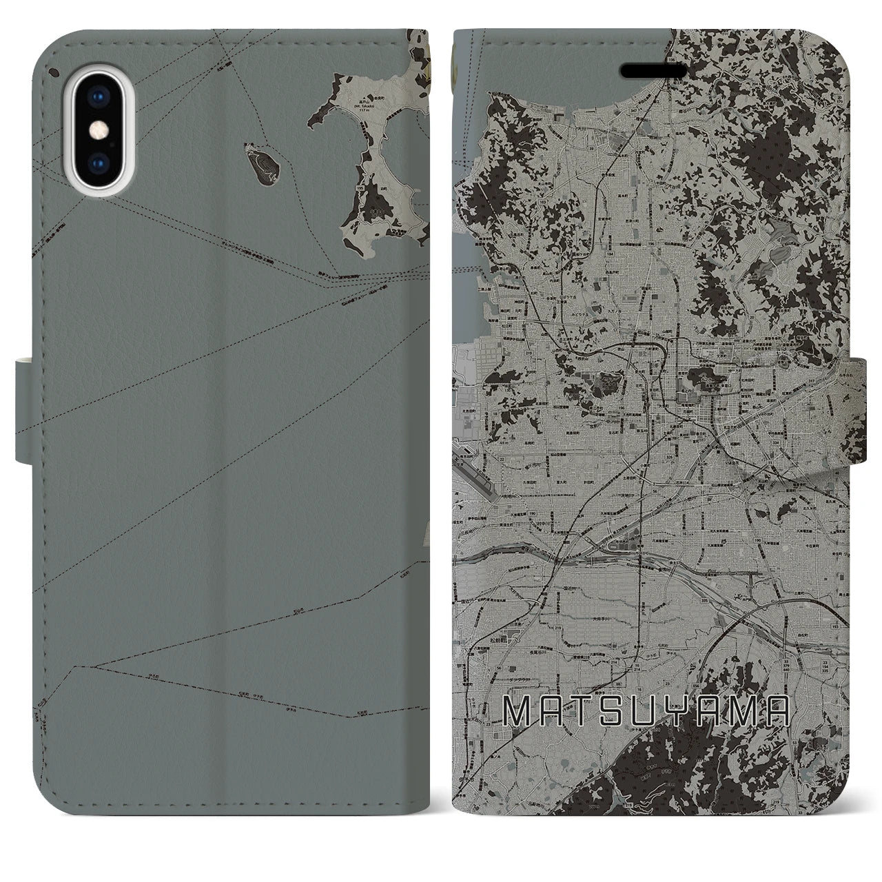 【松山(愛媛県)】地図柄iPhoneケース(手帳タイプ)モノトーン・iPhone XS Max 用