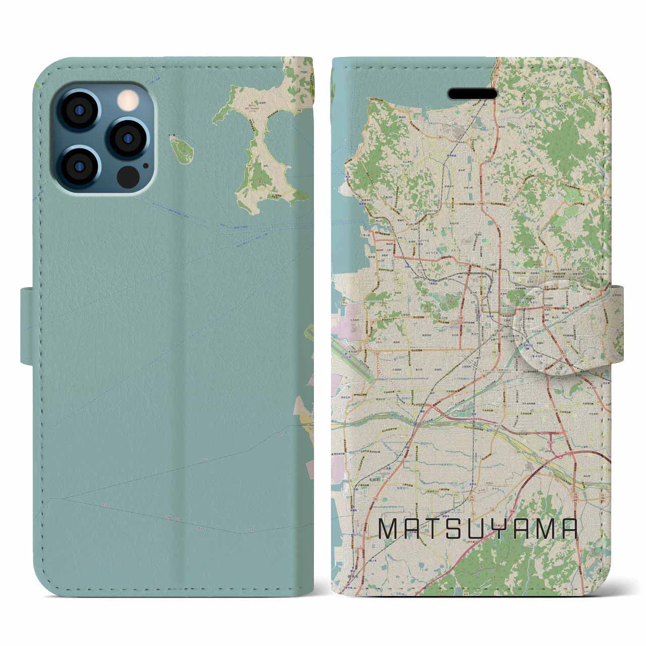 【松山(愛媛県)】地図柄iPhoneケース(手帳タイプ)ナチュラル・iPhone 12 / 12 Pro 用