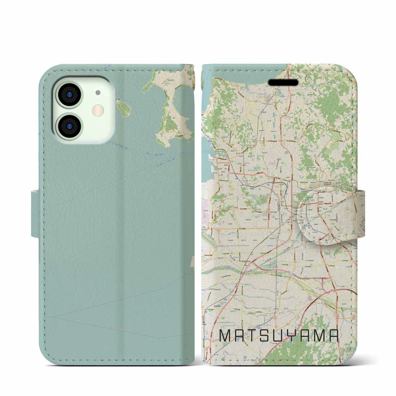 【松山(愛媛県)】地図柄iPhoneケース(手帳タイプ)ナチュラル・iPhone 12 mini 用