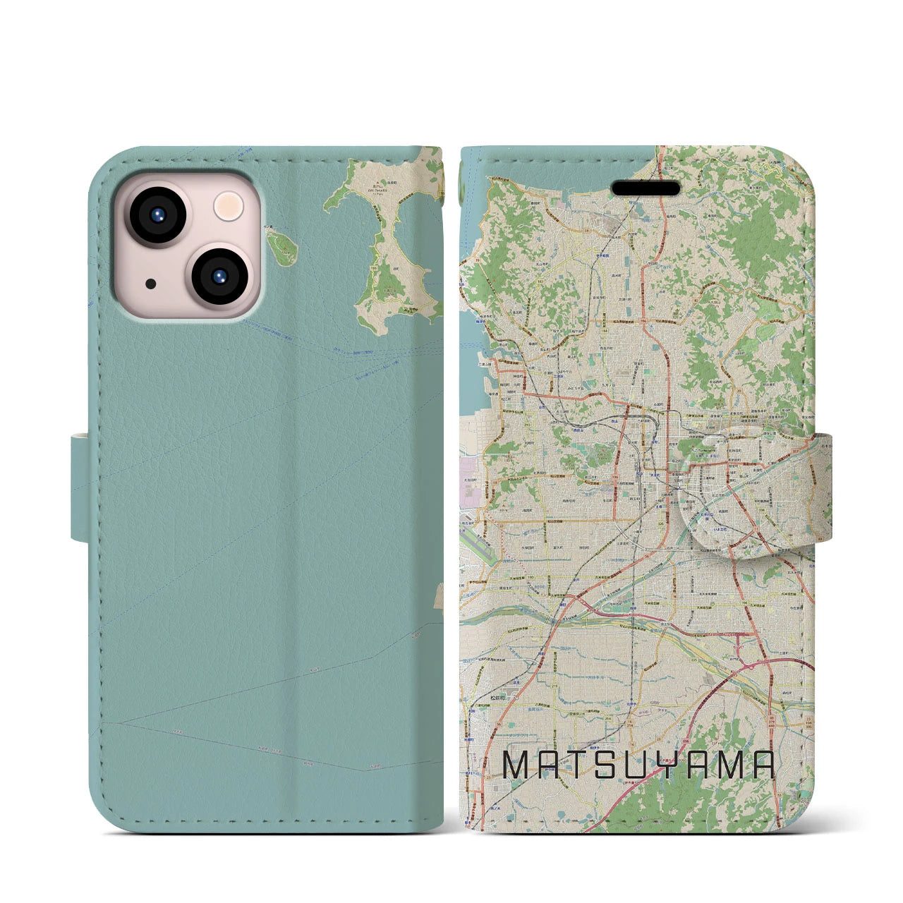 【松山(愛媛県)】地図柄iPhoneケース(手帳タイプ)ナチュラル・iPhone 13 mini 用
