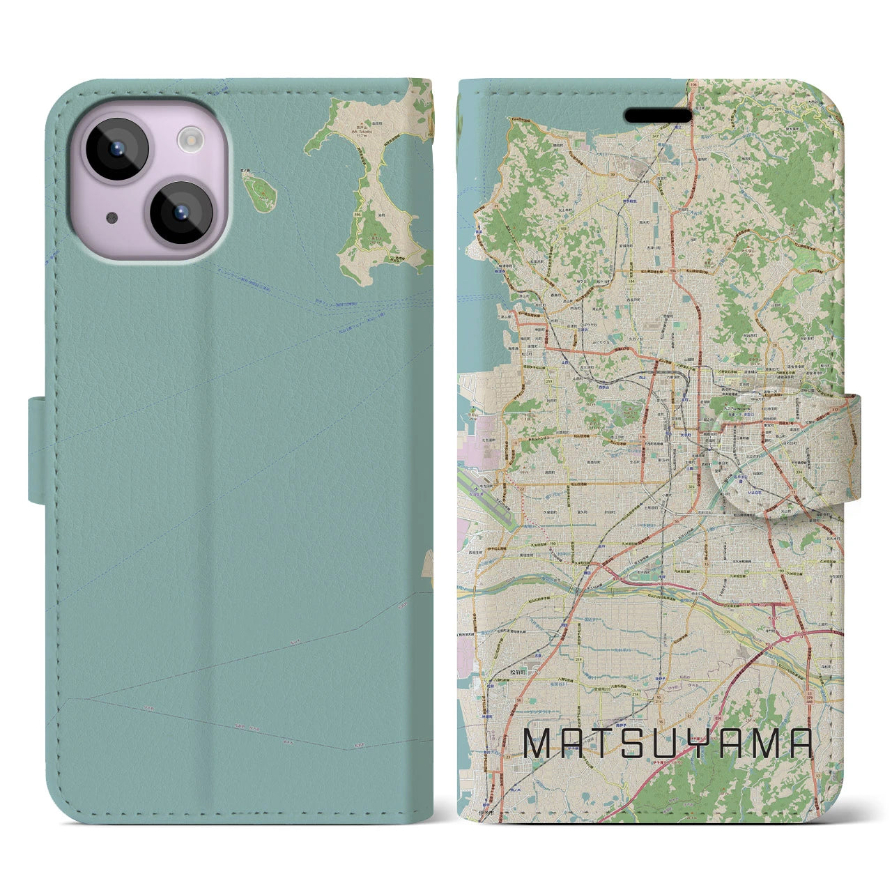 【松山(愛媛県)】地図柄iPhoneケース(手帳タイプ)ナチュラル・iPhone 14 用