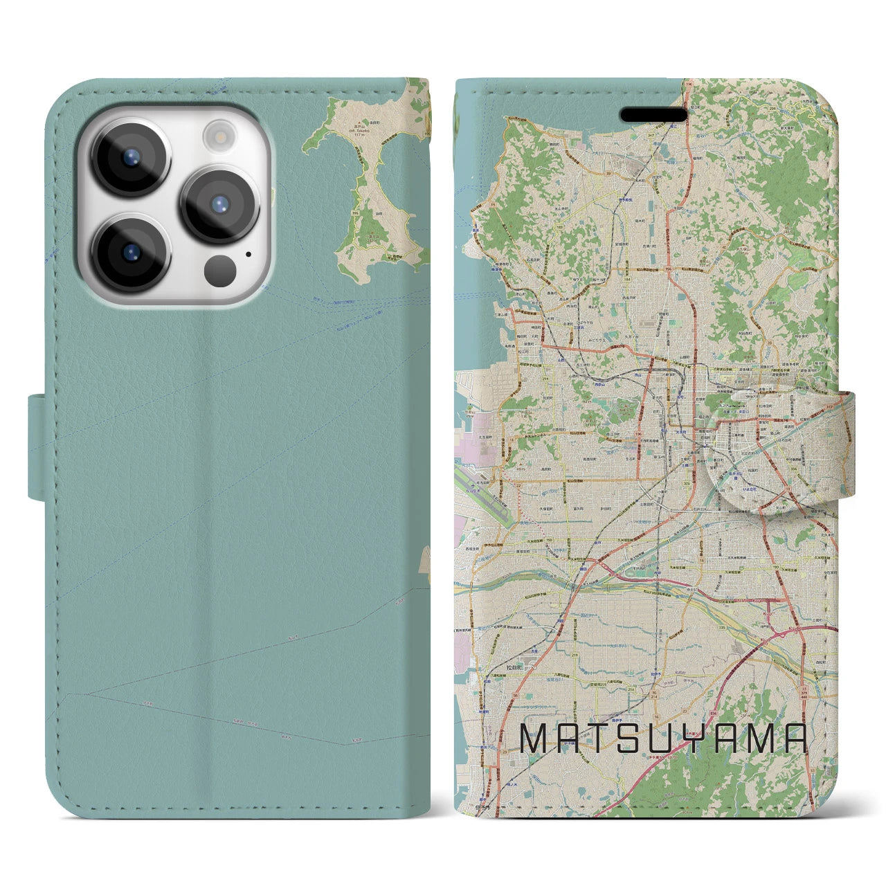 【松山(愛媛県)】地図柄iPhoneケース(手帳タイプ)ナチュラル・iPhone 14 Pro 用