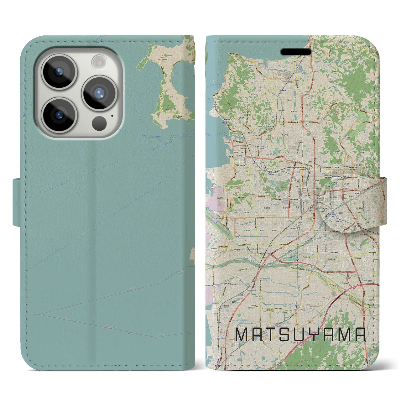 【松山(愛媛県)】地図柄iPhoneケース(手帳タイプ)ナチュラル・iPhone 15 Pro 用