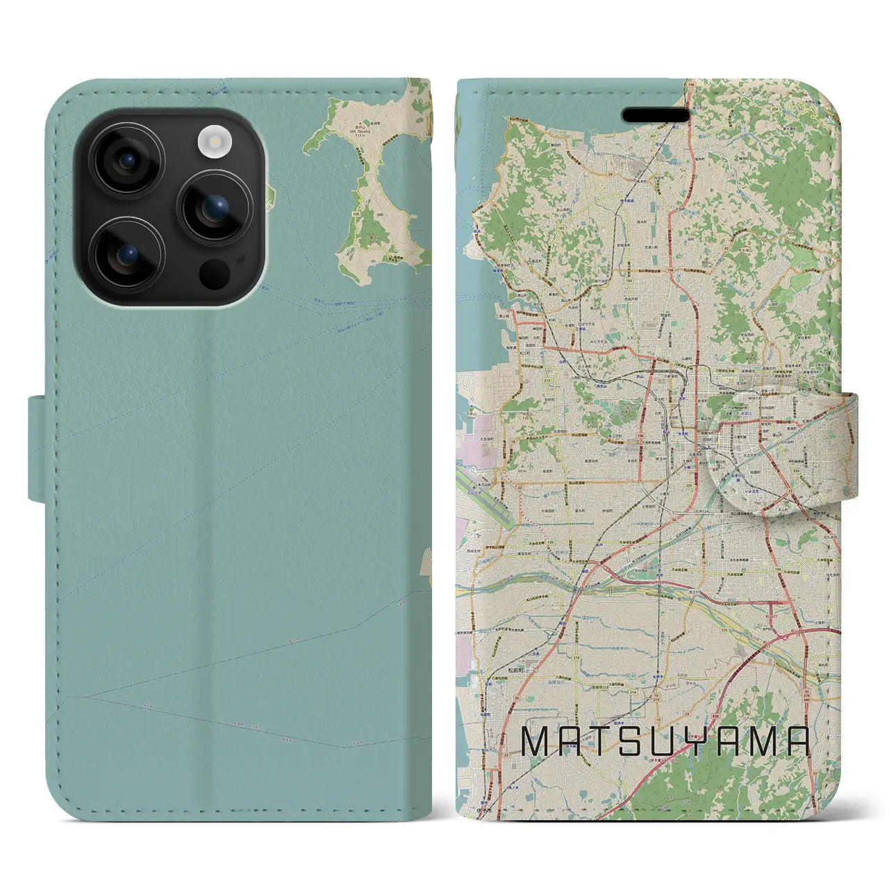 【松山(愛媛県)】地図柄iPhoneケース(手帳タイプ)ナチュラル・iPhone 16 用