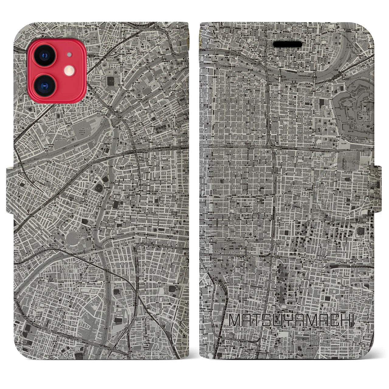 【松屋町(大阪府)】地図柄iPhoneケース(手帳タイプ)モノトーン・iPhone 11 用