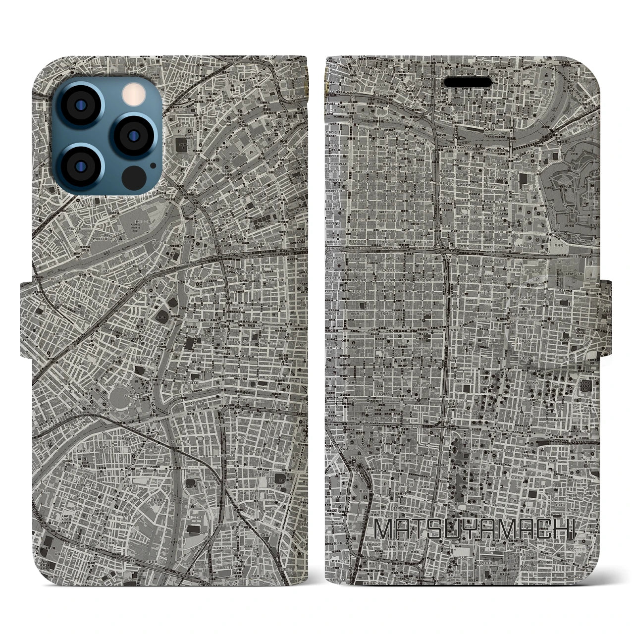 【松屋町(大阪府)】地図柄iPhoneケース(手帳タイプ)モノトーン・iPhone 12 / 12 Pro 用