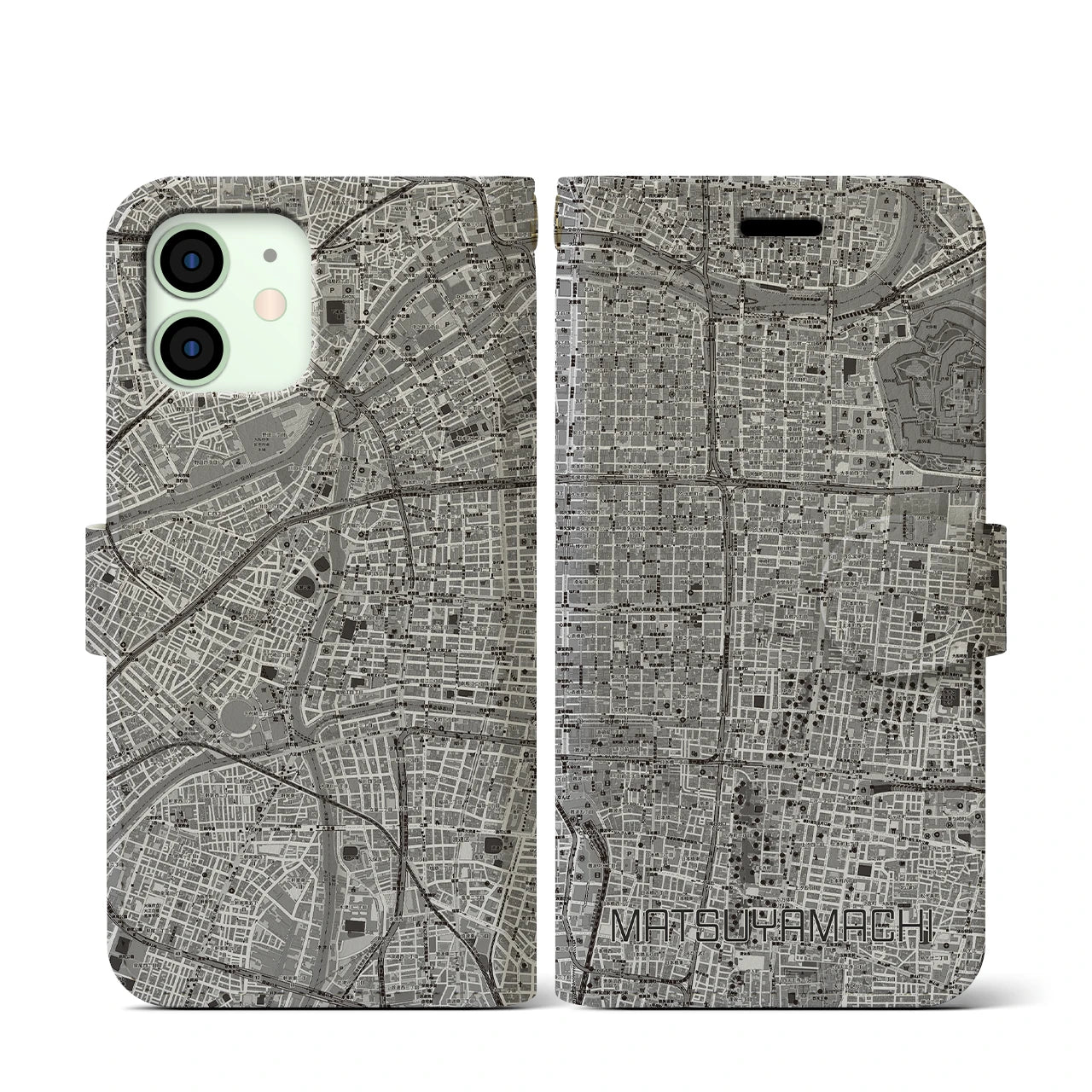 【松屋町(大阪府)】地図柄iPhoneケース(手帳タイプ)モノトーン・iPhone 12 mini 用