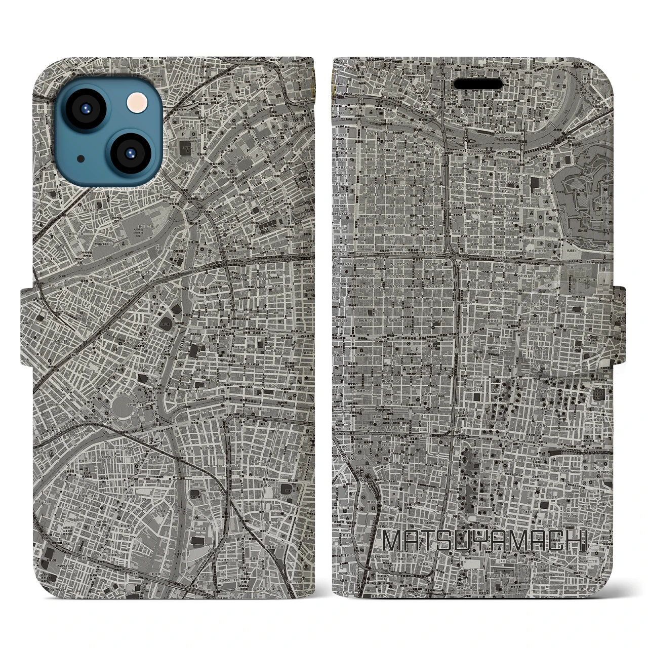 【松屋町(大阪府)】地図柄iPhoneケース(手帳タイプ)モノトーン・iPhone 13 用