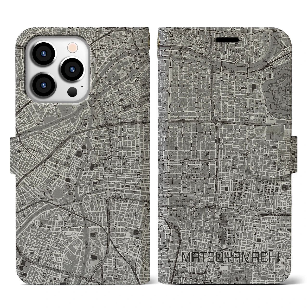 【松屋町(大阪府)】地図柄iPhoneケース(手帳タイプ)モノトーン・iPhone 13 Pro 用