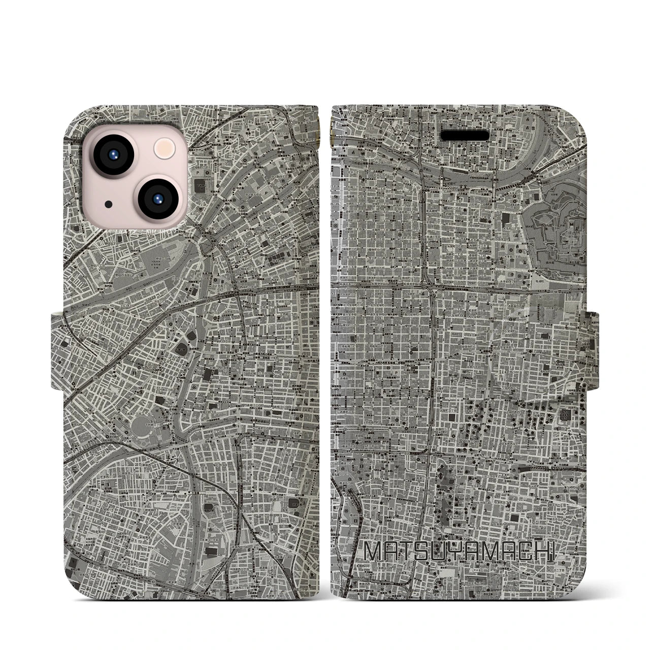 【松屋町(大阪府)】地図柄iPhoneケース(手帳タイプ)モノトーン・iPhone 13 mini 用