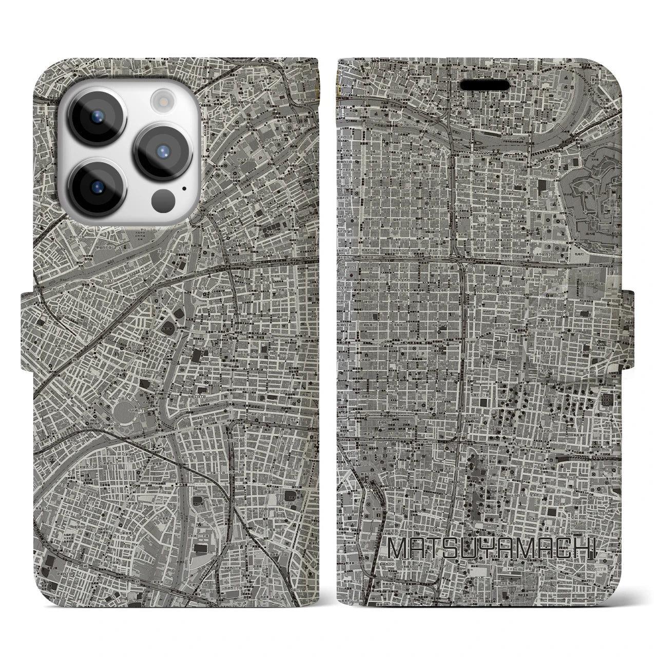 【松屋町(大阪府)】地図柄iPhoneケース(手帳タイプ)モノトーン・iPhone 14 Pro 用