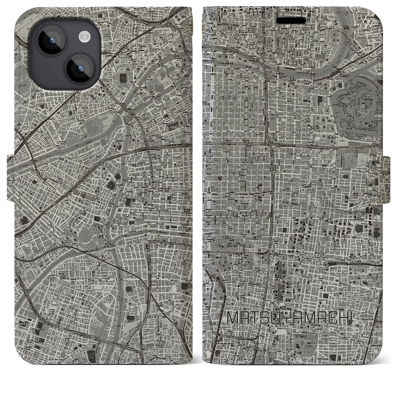 【松屋町(大阪府)】地図柄iPhoneケース(手帳タイプ)モノトーン・iPhone 14 Plus 用