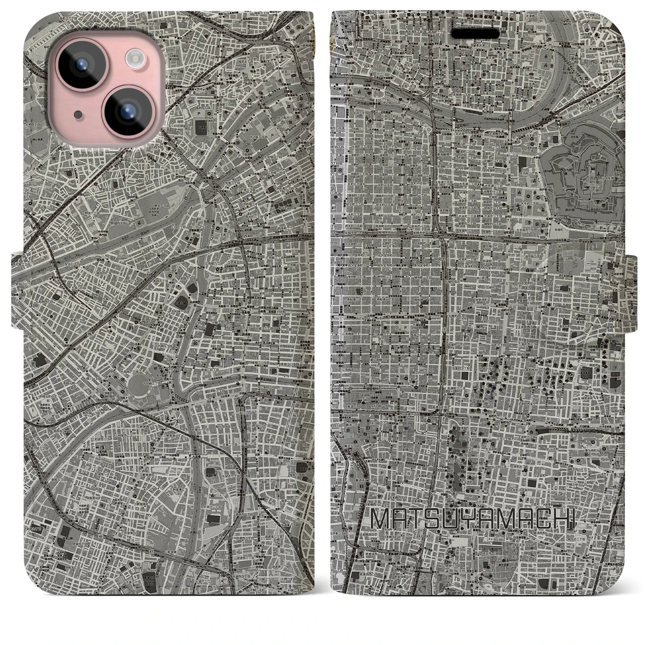 【松屋町(大阪府)】地図柄iPhoneケース(手帳タイプ)モノトーン・iPhone 15 Plus 用