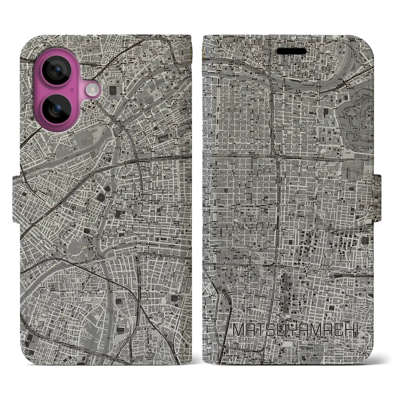 【松屋町(大阪府)】地図柄iPhoneケース(手帳タイプ)モノトーン・iPhone 16 Pro 用