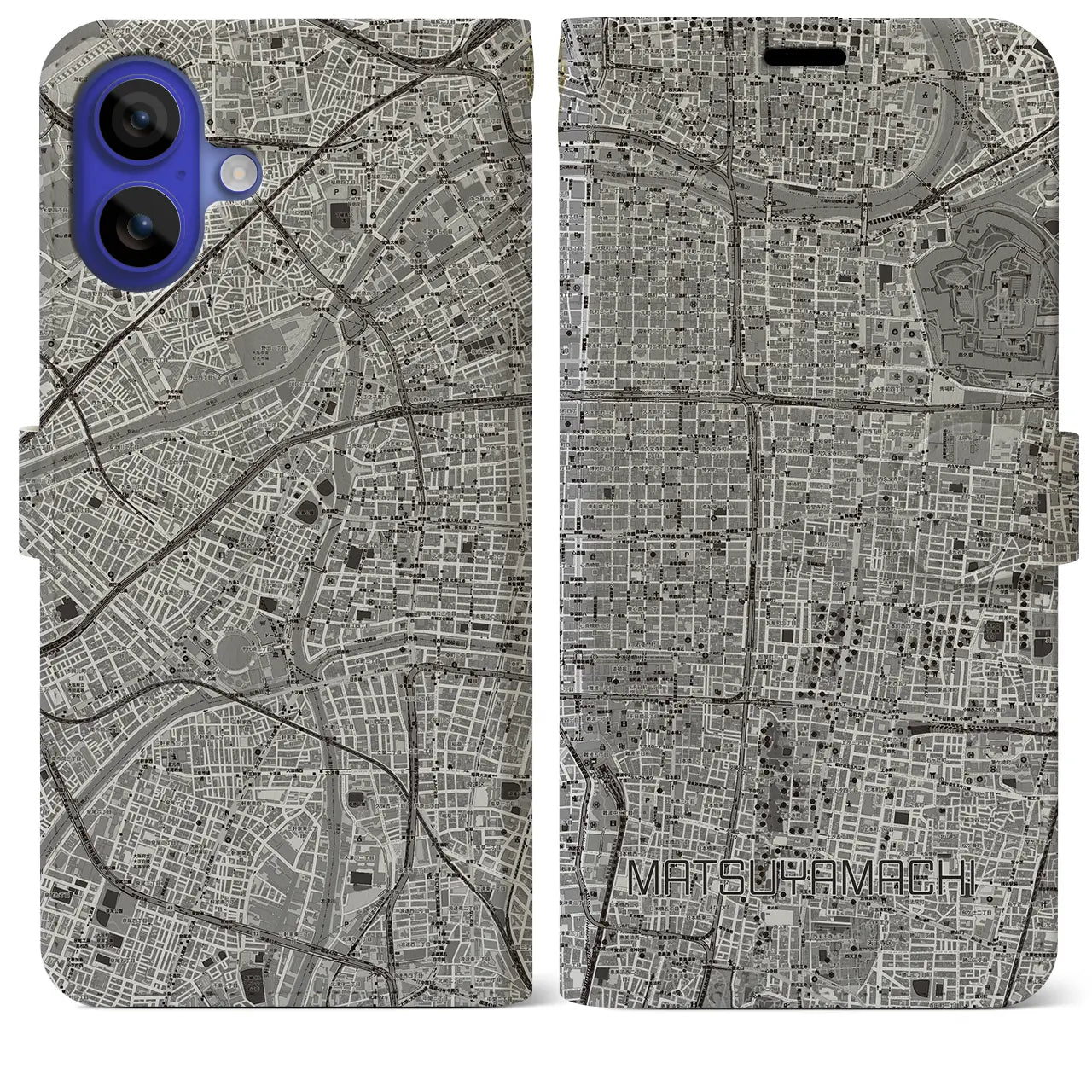 【松屋町(大阪府)】地図柄iPhoneケース(手帳タイプ)モノトーン・iPhone 16 Pro Max 用