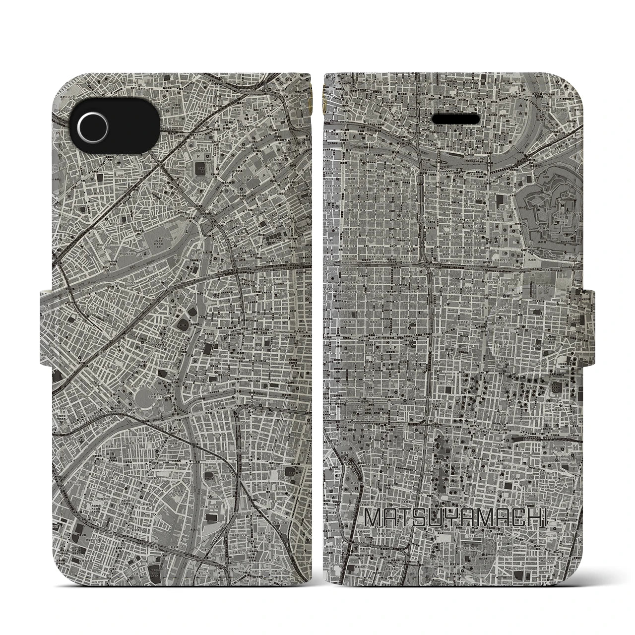 【松屋町(大阪府)】地図柄iPhoneケース(手帳タイプ)モノトーン・iPhone SE(第3 / 第2世代) / 8 / 7 / 6s / 6 用