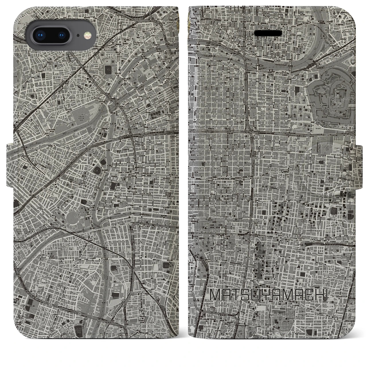【松屋町(大阪府)】地図柄iPhoneケース(手帳タイプ)モノトーン・iPhone 8Plus /7Plus / 6sPlus / 6Plus 用