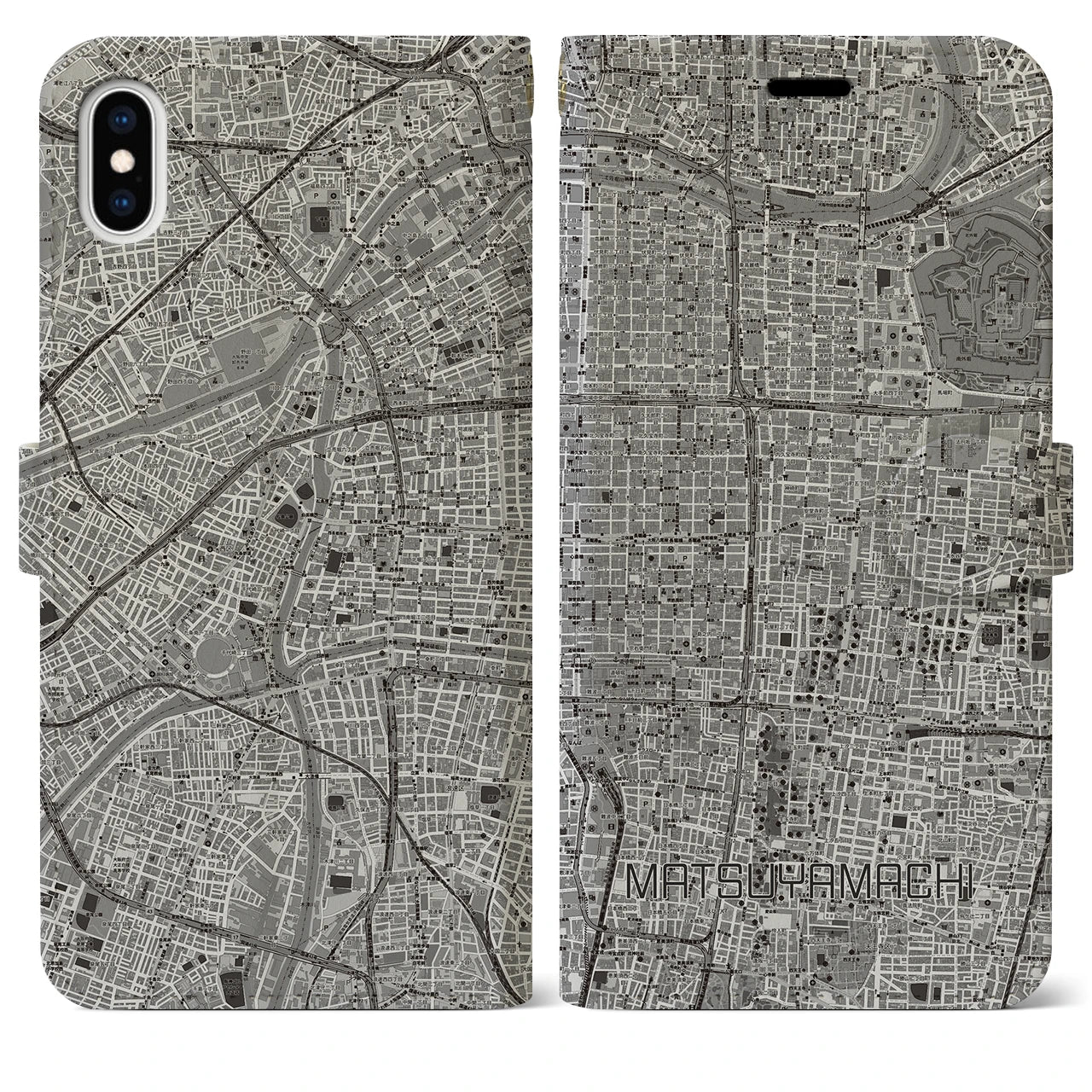 【松屋町(大阪府)】地図柄iPhoneケース(手帳タイプ)モノトーン・iPhone XS Max 用