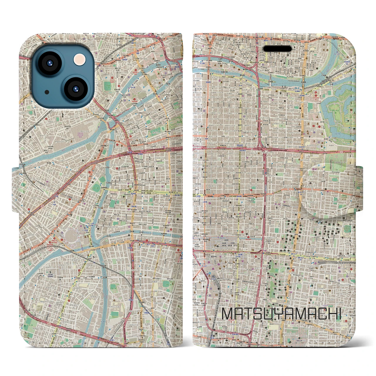 【松屋町(大阪府)】地図柄iPhoneケース(手帳タイプ)ナチュラル・iPhone 13 用