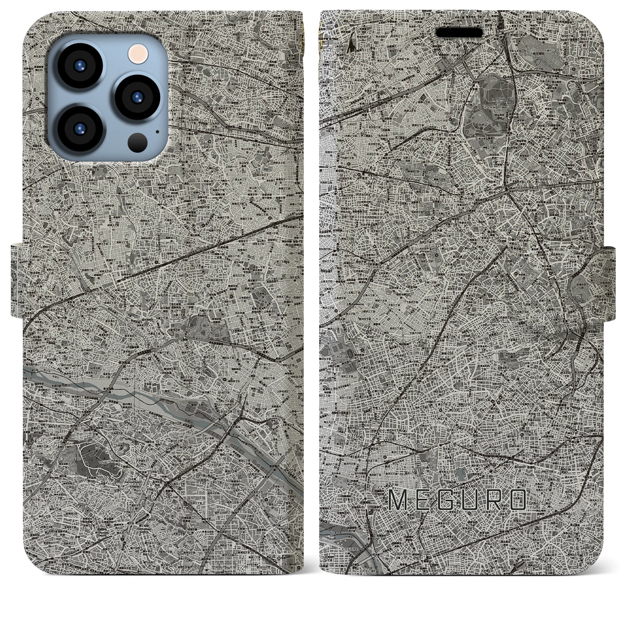 【目黒2(東京都)】地図柄iPhoneケース(手帳タイプ)モノトーン・iPhone 13 Pro Max 用